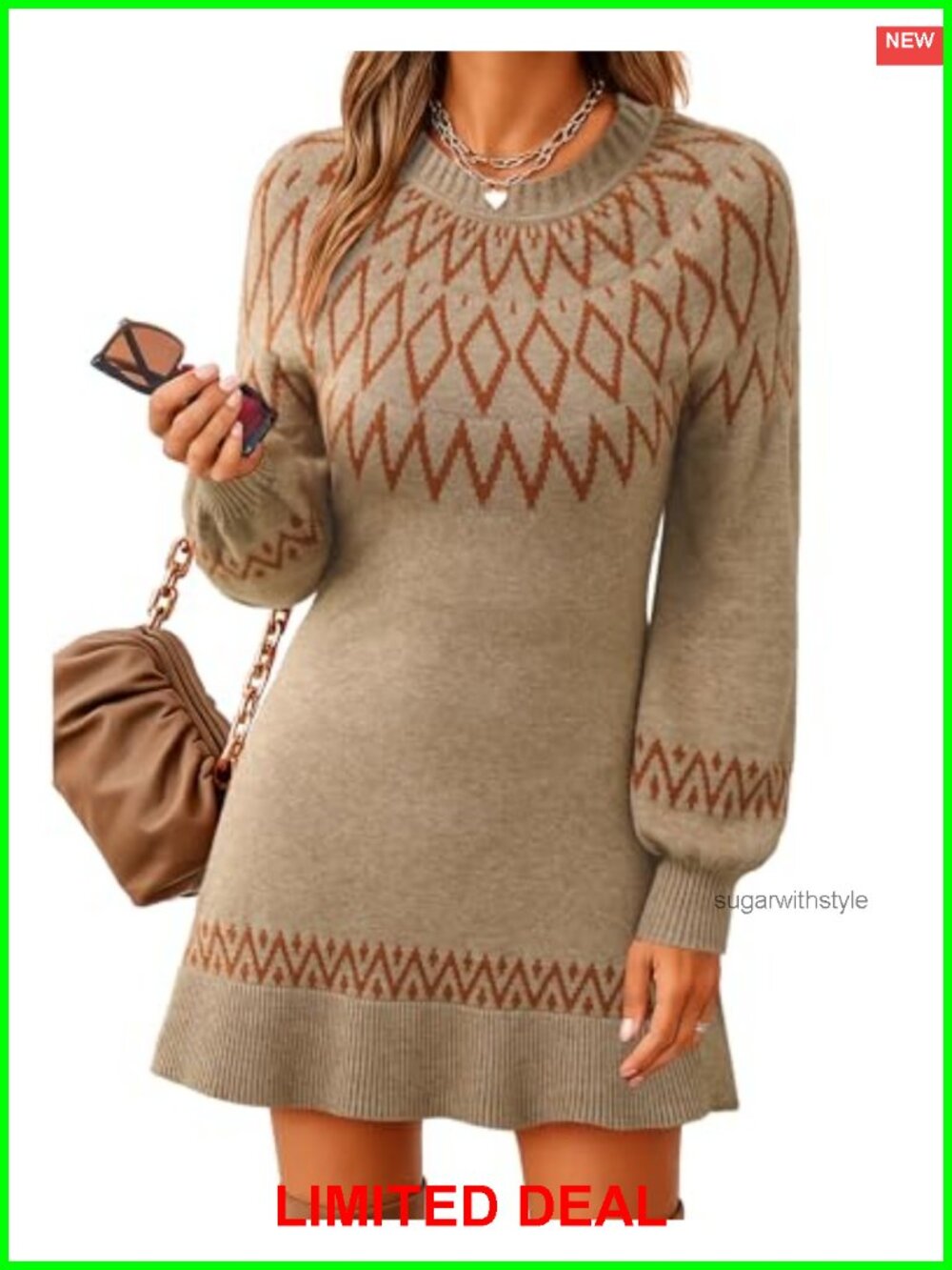 Womens Knit Sweater Dress Fair Isle Lantern Sleeve Mini Pullover